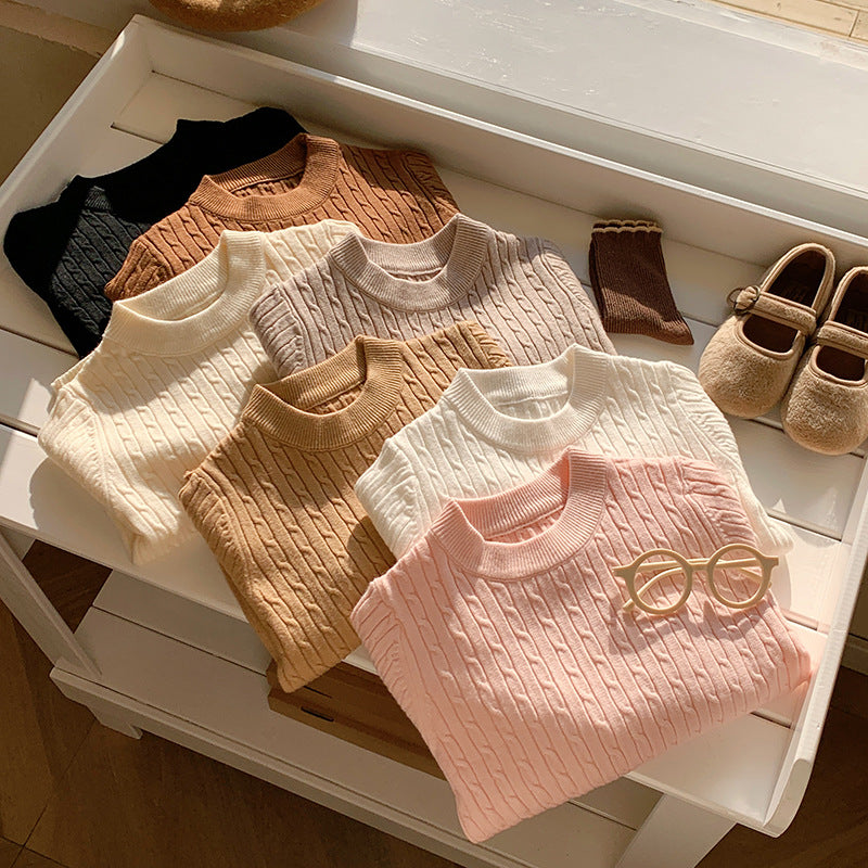 Children's solid color twist round neck knitted sweater