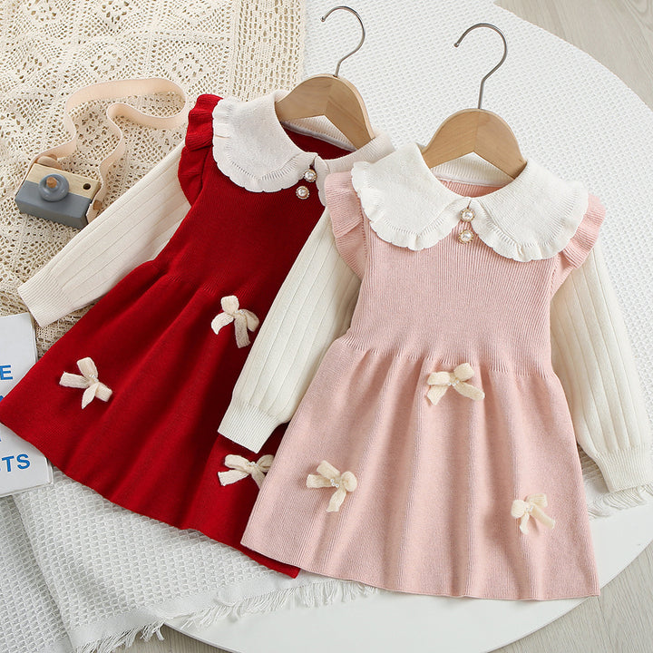 Sweet pink bowknot knitted sweater dress for girls