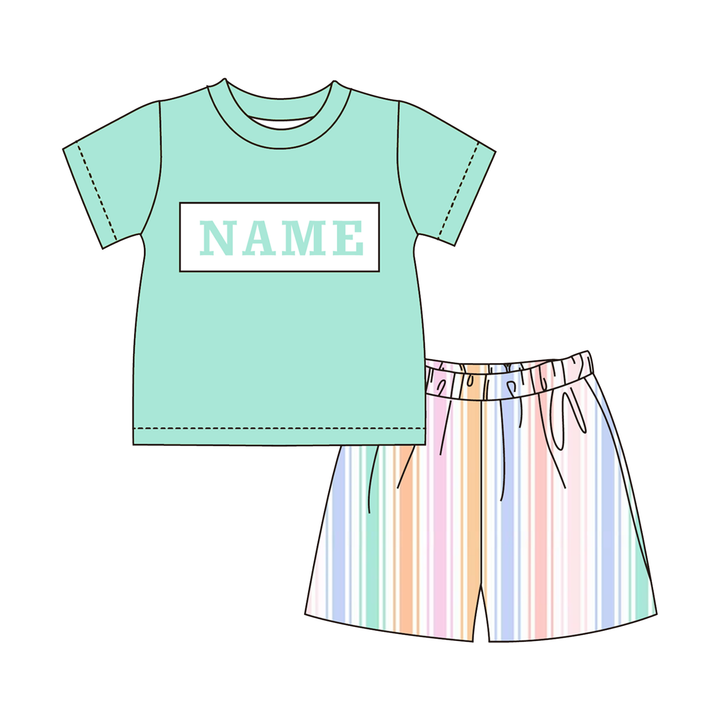 Candy-colored striped embroidered sibling outfits-Customizable name