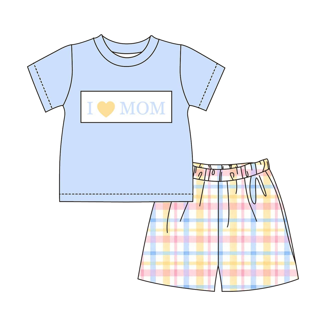 Candy-colored plaid “I LOVE MOM” embroidered sibling outfits