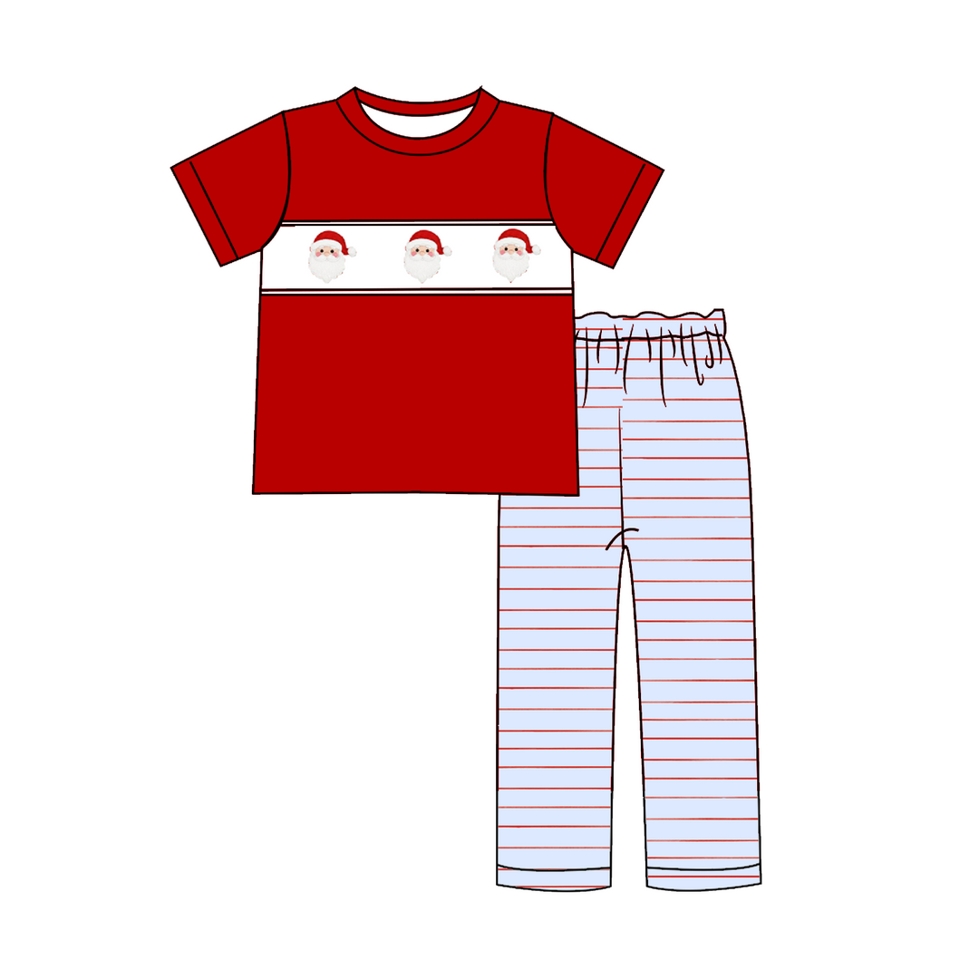 Christmas Blue Stripe Santa Embroidery Sibling Matching Outfits Collection
