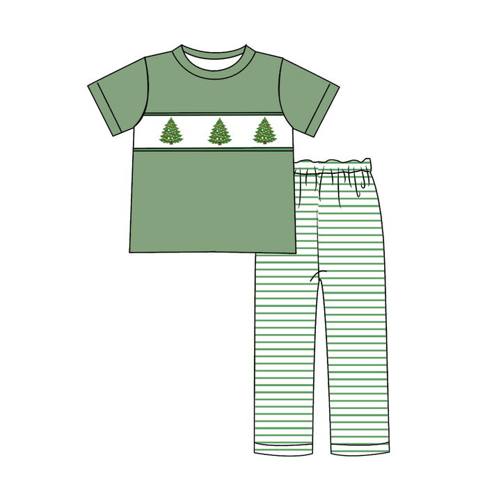Green Stripe Christmas Tree Embroidery Sibling Matching Outfits Collection