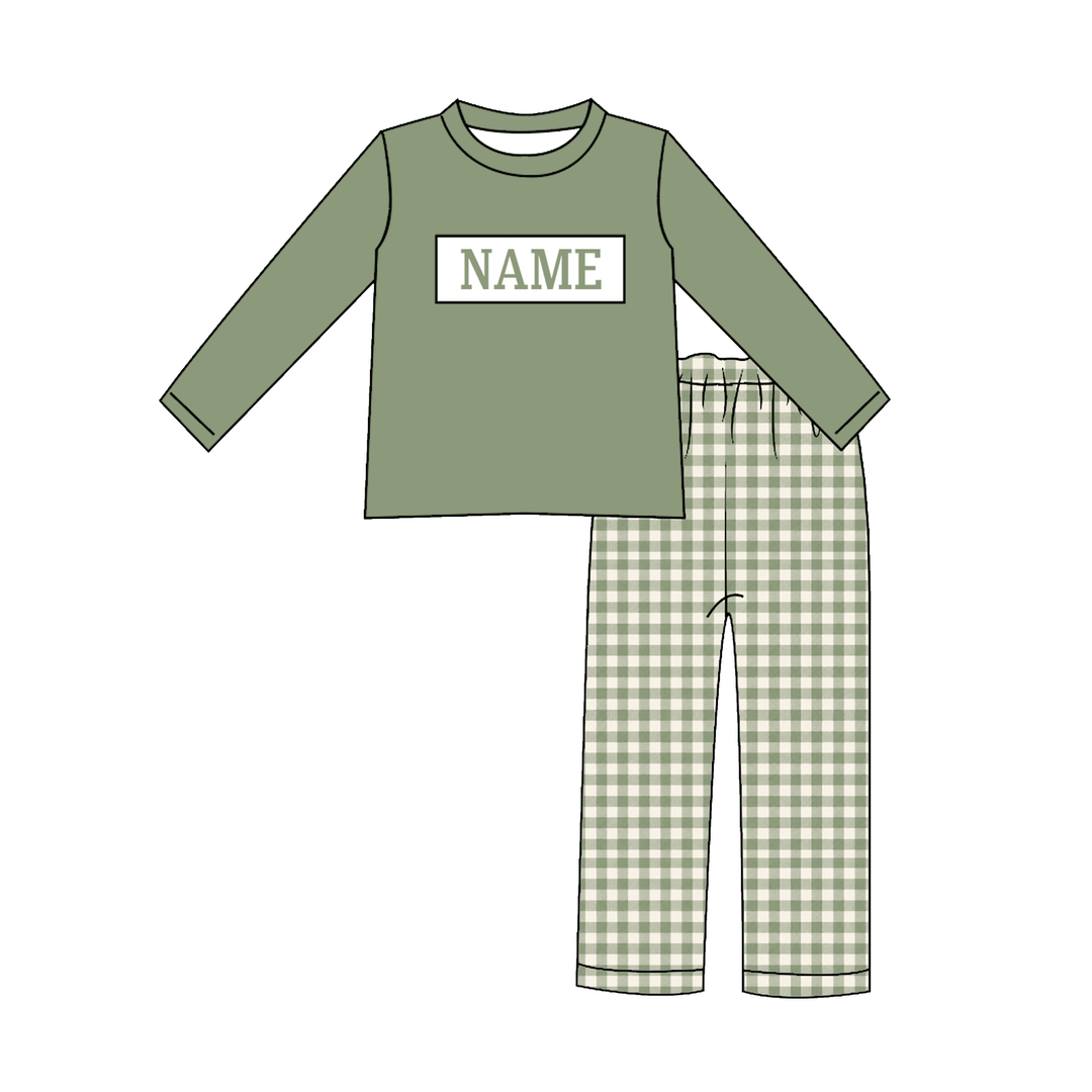 Personalized Custom Name Sage Green Gingham Plaid Sibling Matching Outfits