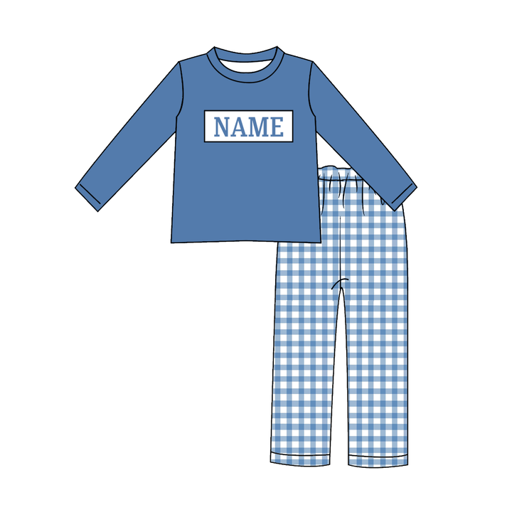 Personalized Custom Name Blue Gingham Plaid Sibling Matching Outfits
