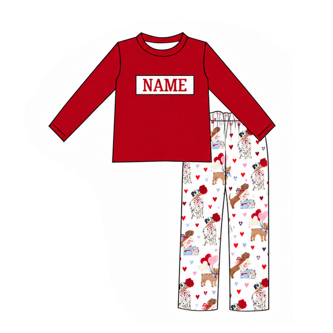 Custom Name Valentine Puppy Bubble Romper Dog Heart Print Ruffle Dress Sibling Outfits