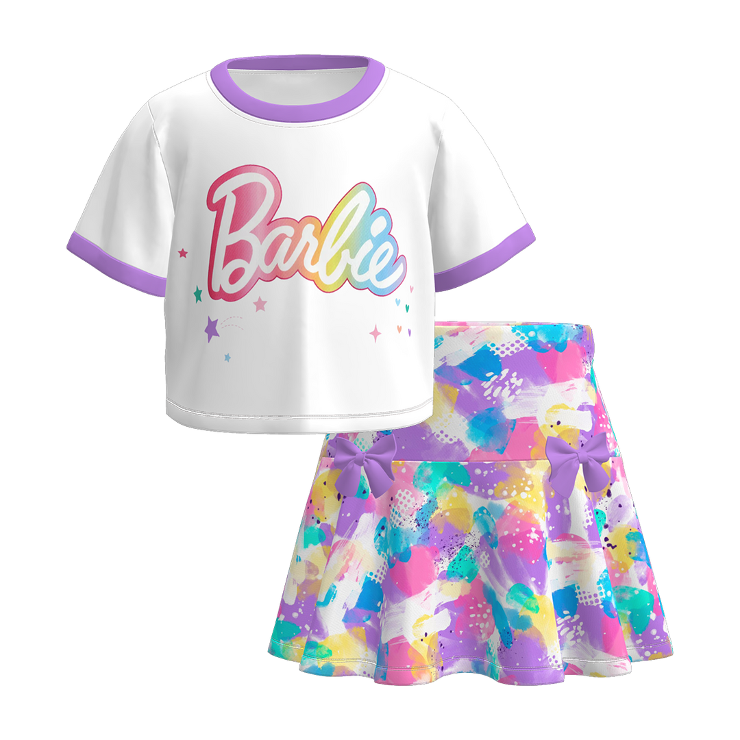Girls Princess Print Short Sleeve T-shirt&Short Skirt Set