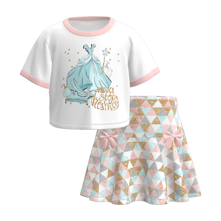 Girls Princess Print Short Sleeve T-shirt&Short Skirt Set