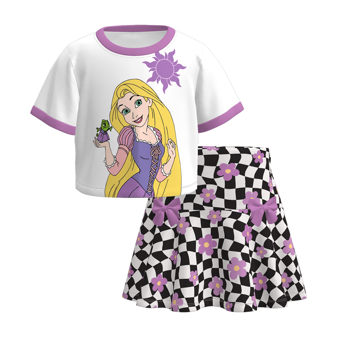 Girls Princess Print Short Sleeve T-shirt&Short Skirt Set