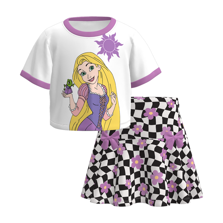 Girls Princess Print Short Sleeve T-shirt&Short Skirt Set