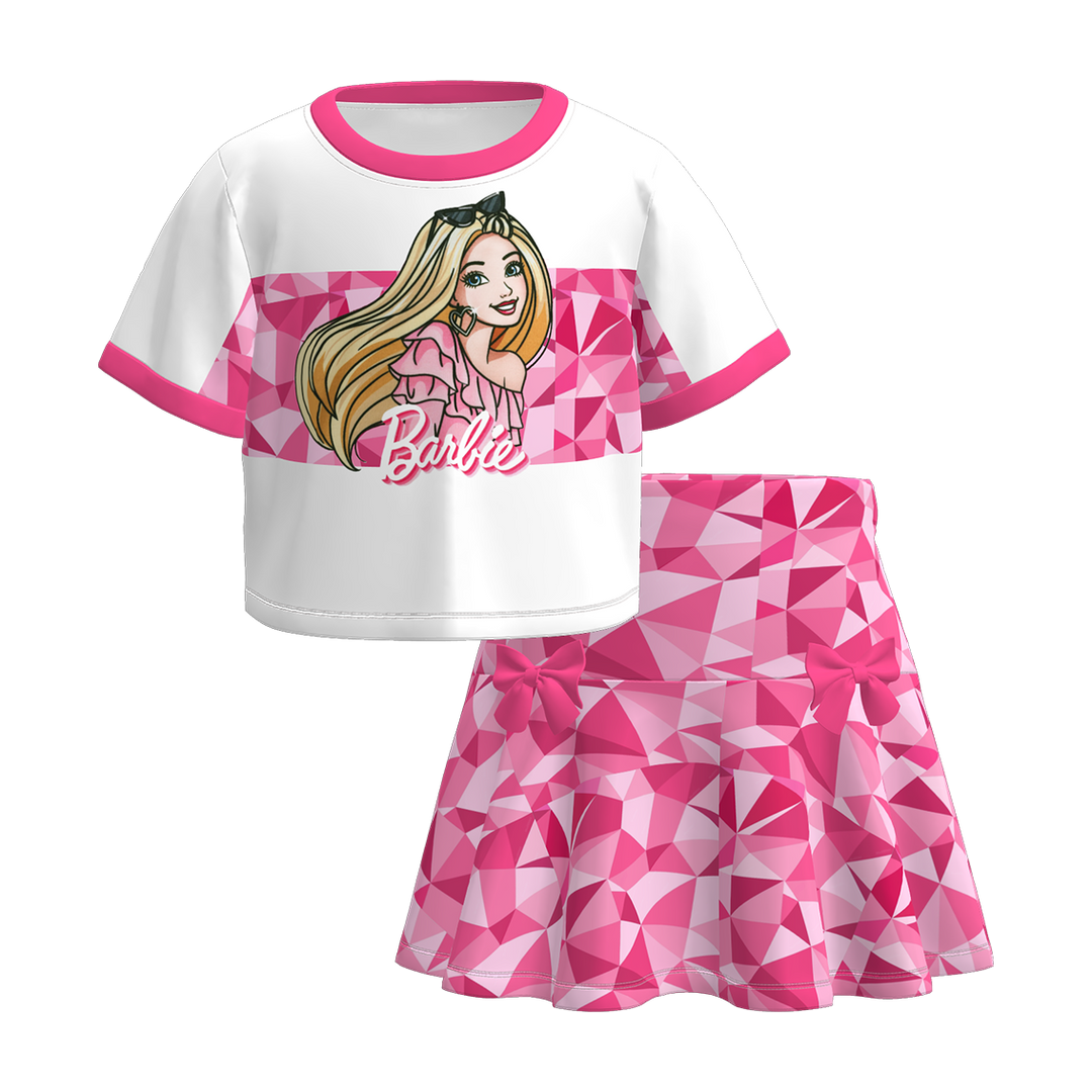 Girls Princess Print Short Sleeve T-shirt&Short Skirt Set
