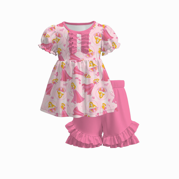 Girls puff sleeve dress top&ruffle short 2pcs set