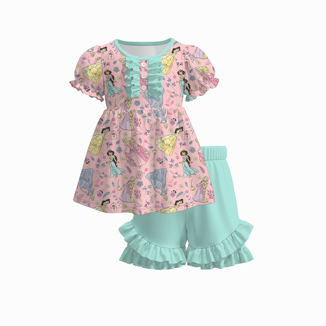 Girls puff sleeve dress top&ruffle short 2pcs set