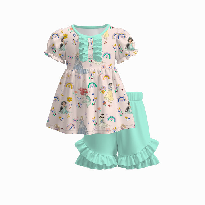 Girls puff sleeve dress top&ruffle short 2pcs set
