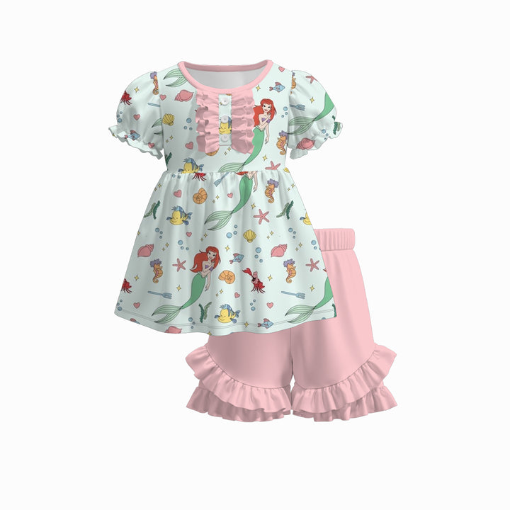 Girls puff sleeve dress top&ruffle short 2pcs set