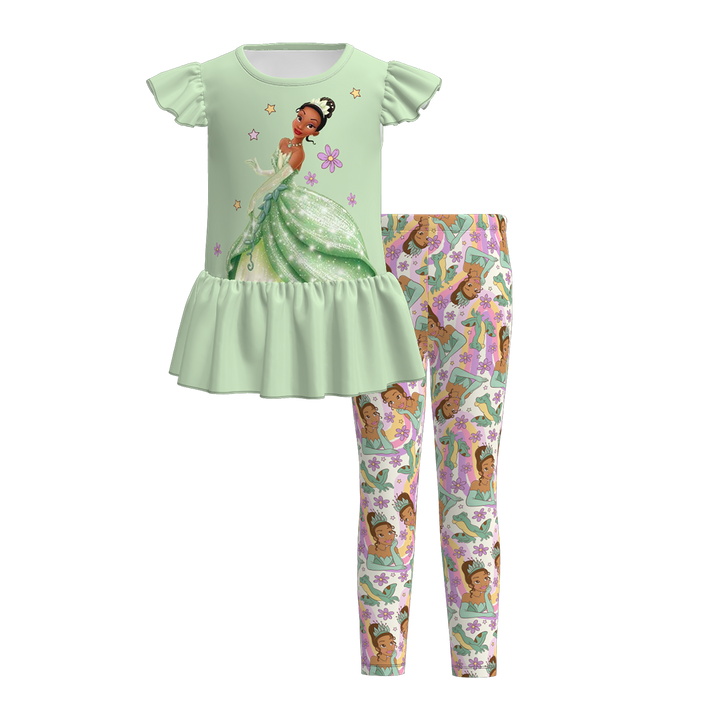 Girls flutter sleeve dress top&leggings 2pcs set