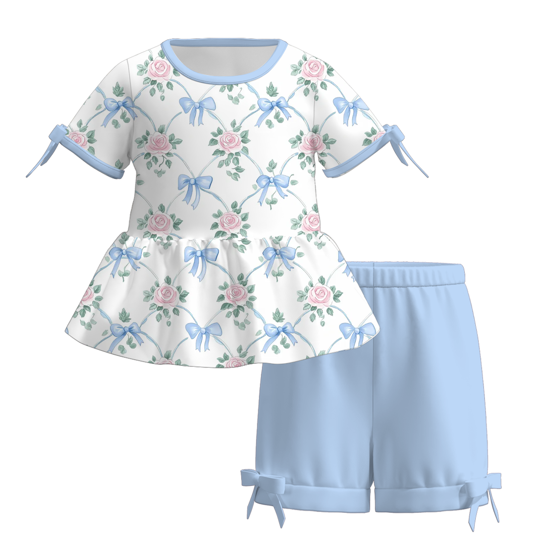 Girls summer bow tie top&short 2pcs set