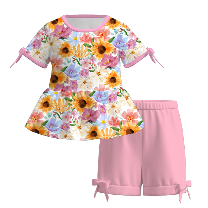 Girls summer bow tie floral top&short 2pcs set