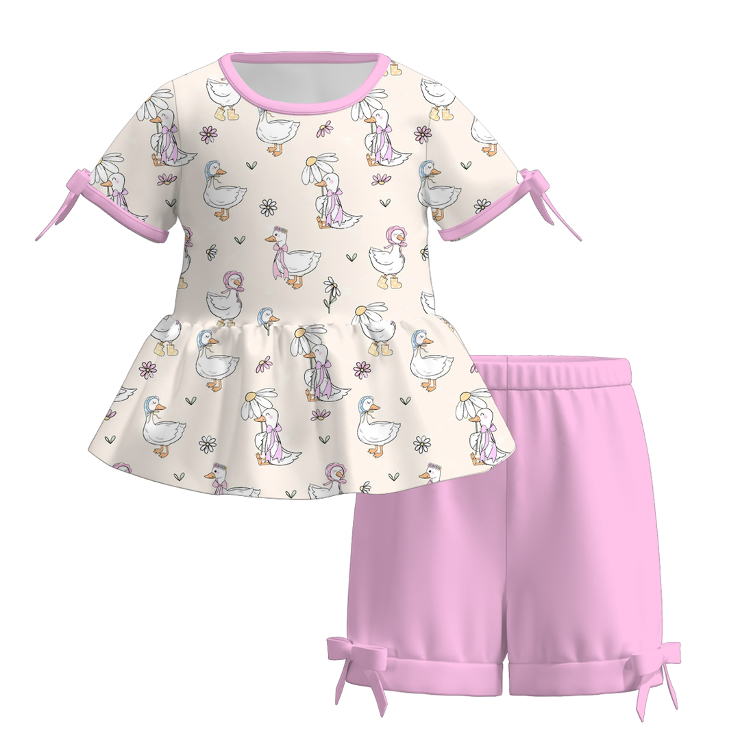 Girls summer bow tie floral top&short 2pcs set