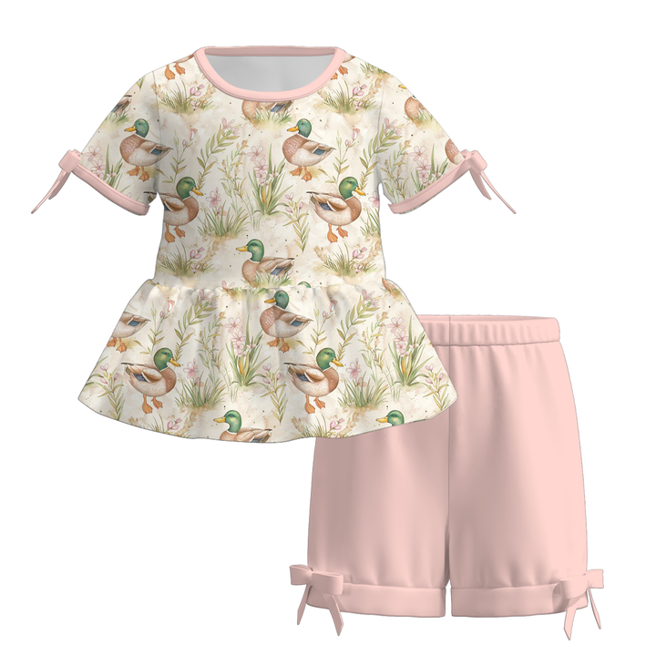 Girls summer bow tie floral top&short 2pcs set