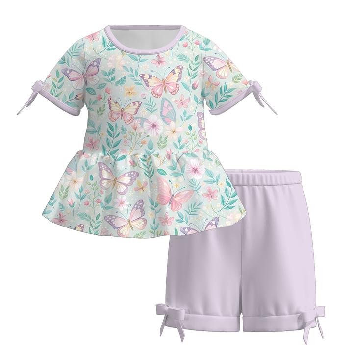 Girls summer bow tie floral top&short 2pcs set