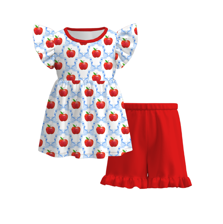 Back to school Apple printed dress top&ruffle short set
