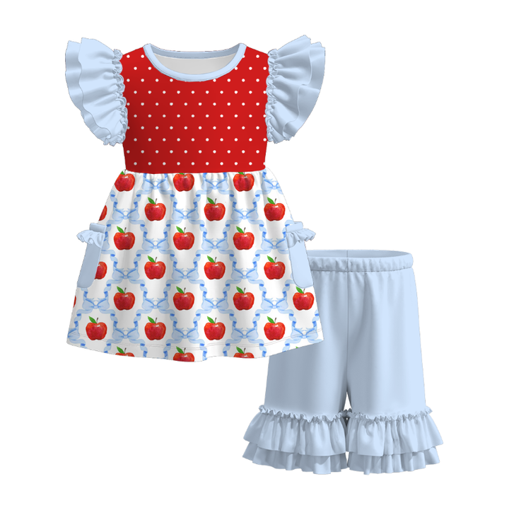 Back to school Apple printed dress top&ruffle short set