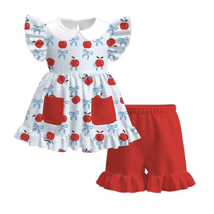 Back to school Apple printed dress top&ruffle short set