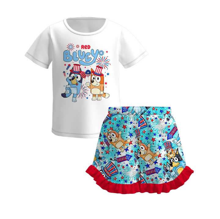 Girls Bluey printed ruffle short set for 4th of July