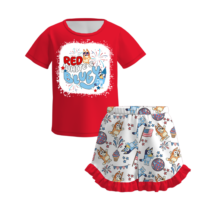 Girls Bluey printed ruffle short set for 4th of July