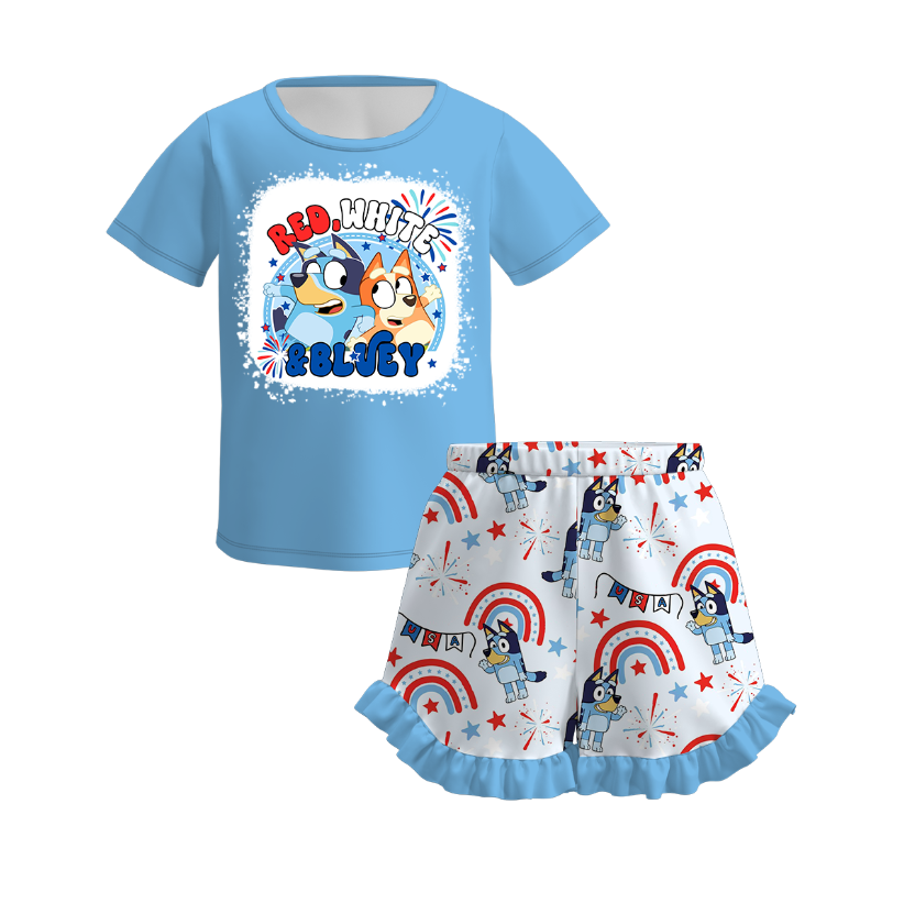 Girls Bluey printed ruffle short set for 4th of July