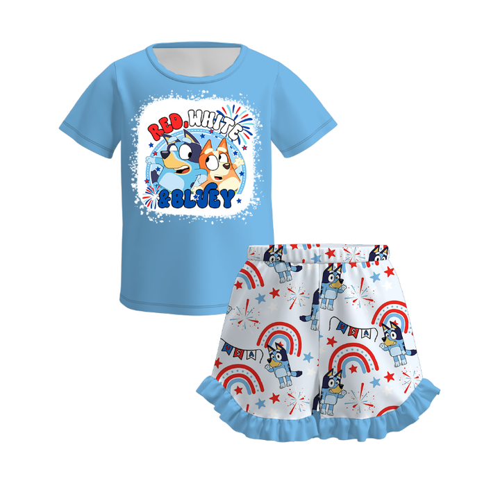 Girls Bluey printed ruffle short set for 4th of July