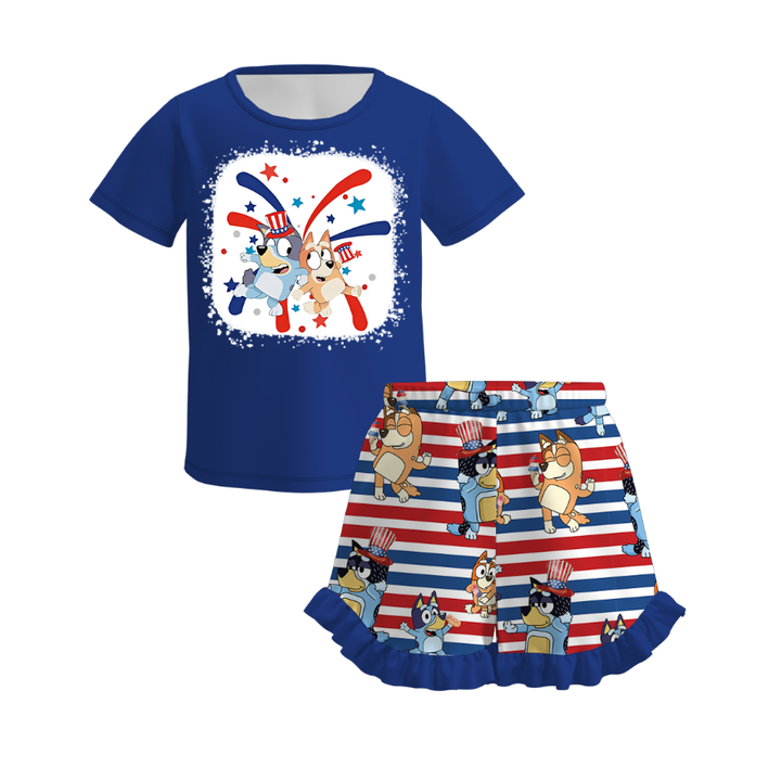 Girls Bluey printed ruffle short set for 4th of July