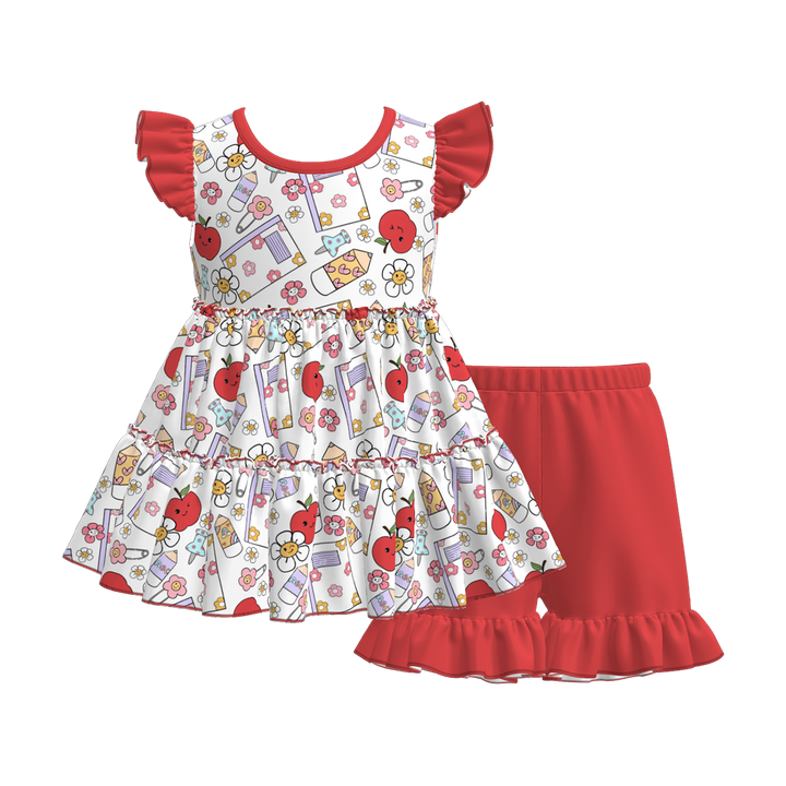 Back to school Apple layered top&ruffle short set