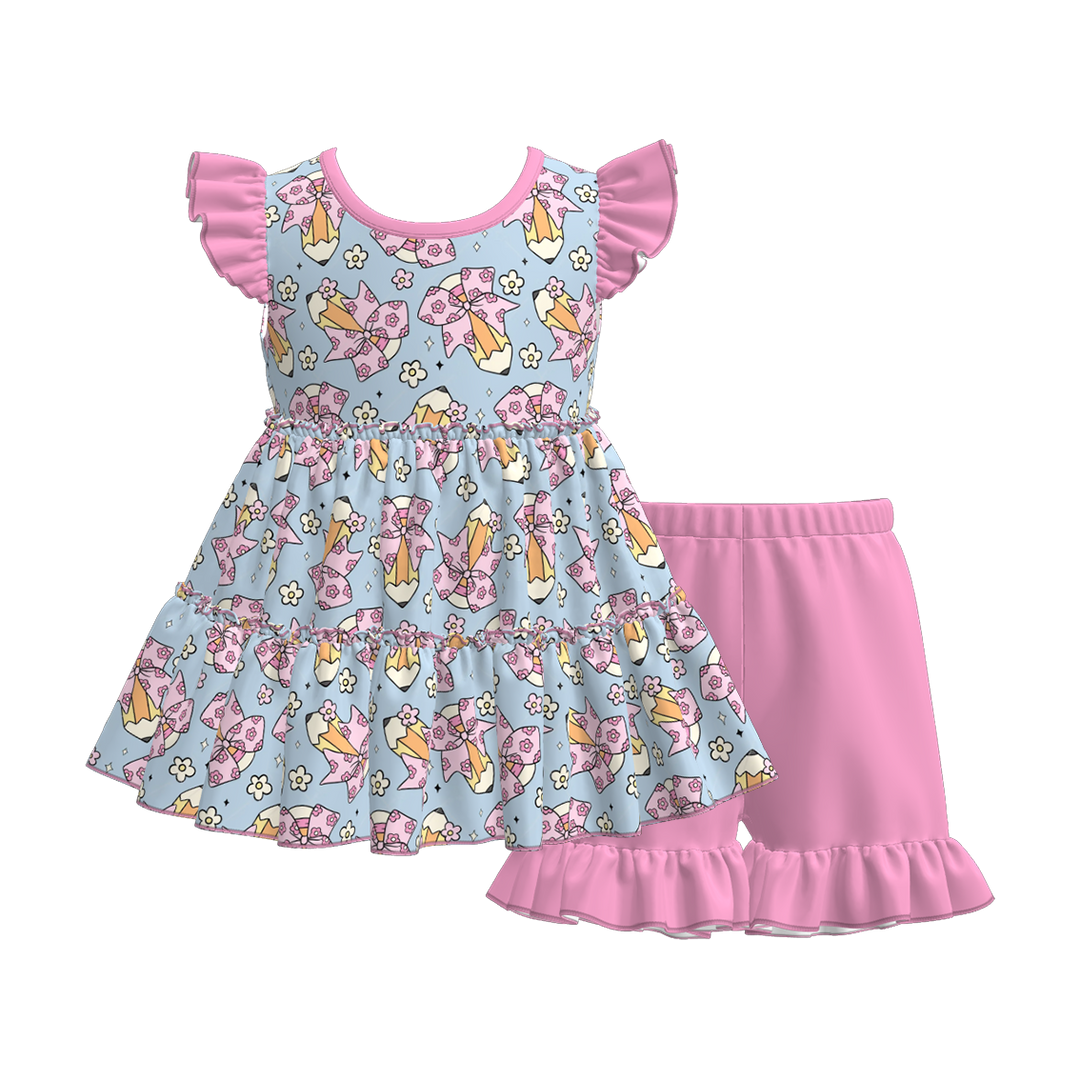 Back to school Apple layered top&ruffle short set