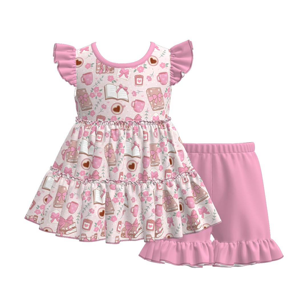 Back to school Apple layered top&ruffle short set