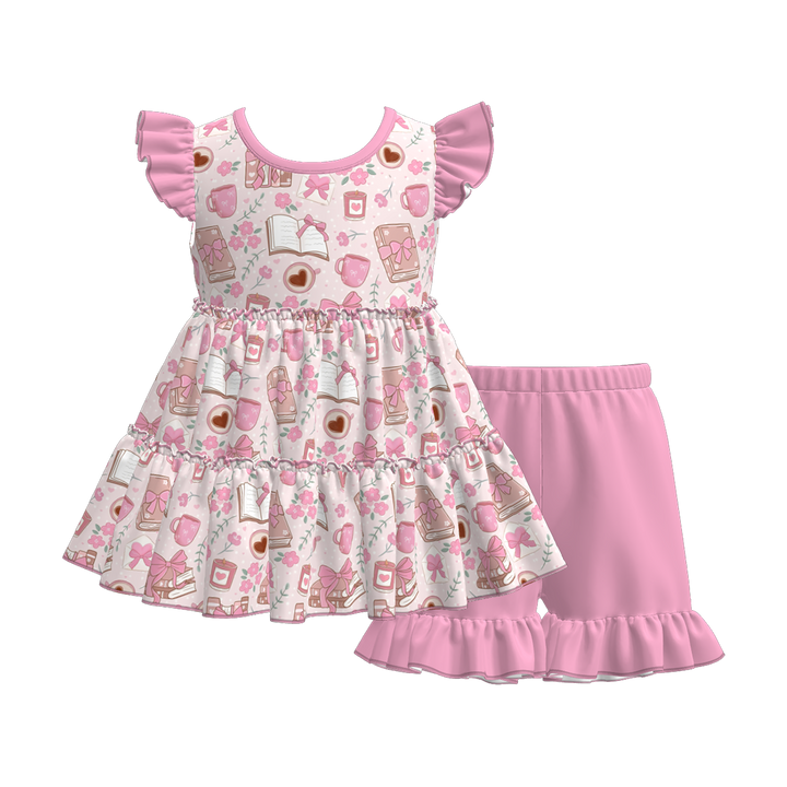 Back to school Apple layered top&ruffle short set