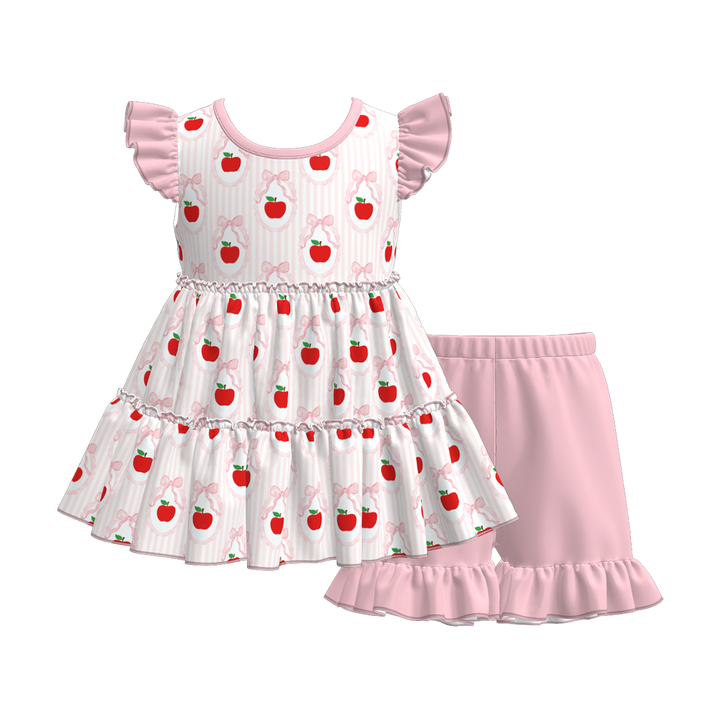 Back to school Apple layered top&ruffle short set