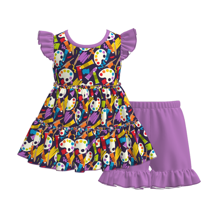 Back to school Apple layered top&ruffle short set