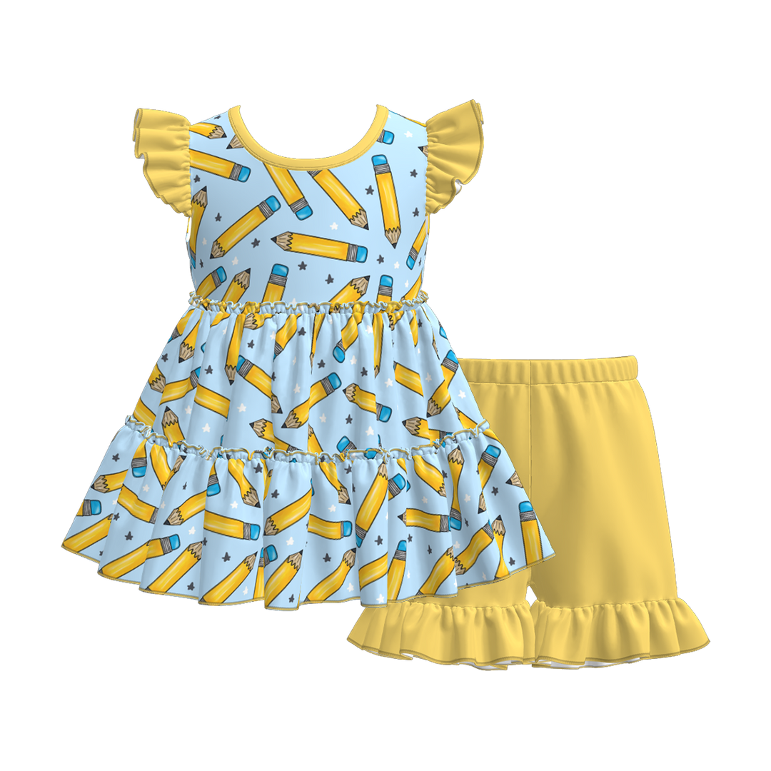 Back to school Apple layered top&ruffle short set