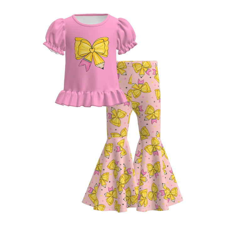 Back to school puff sleeve top&flare pant set