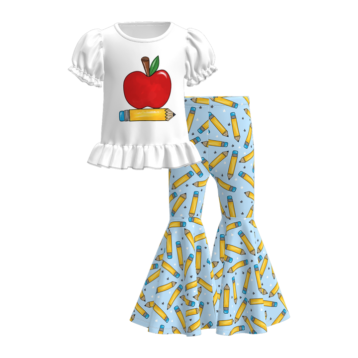 Back to school puff sleeve top&flare pant set