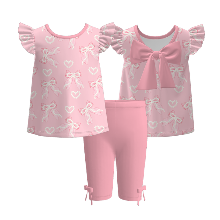 Bow deco pink top&leggings set Sisters summer Outfits
