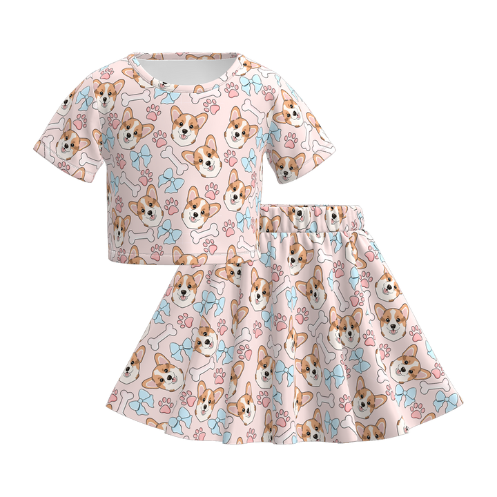 Girls summer cute pet printed tee&skirt set