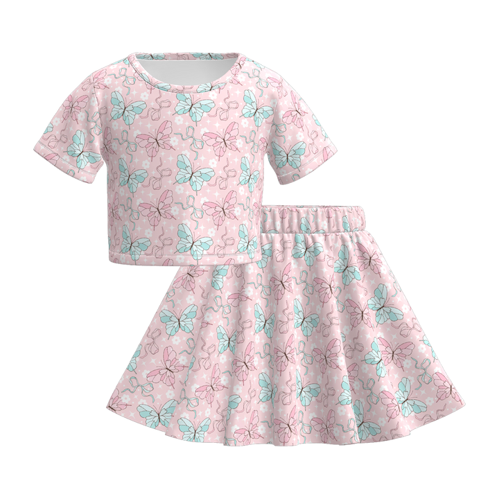 Girls summer butterfly printed tee&skirt set