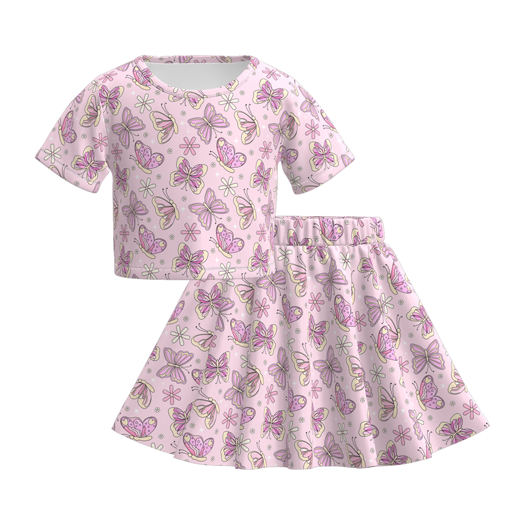 Girls summer butterfly printed tee&skirt set