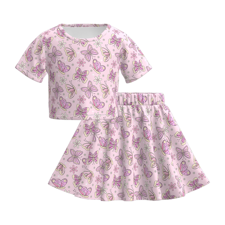 Girls summer butterfly printed tee&skirt set