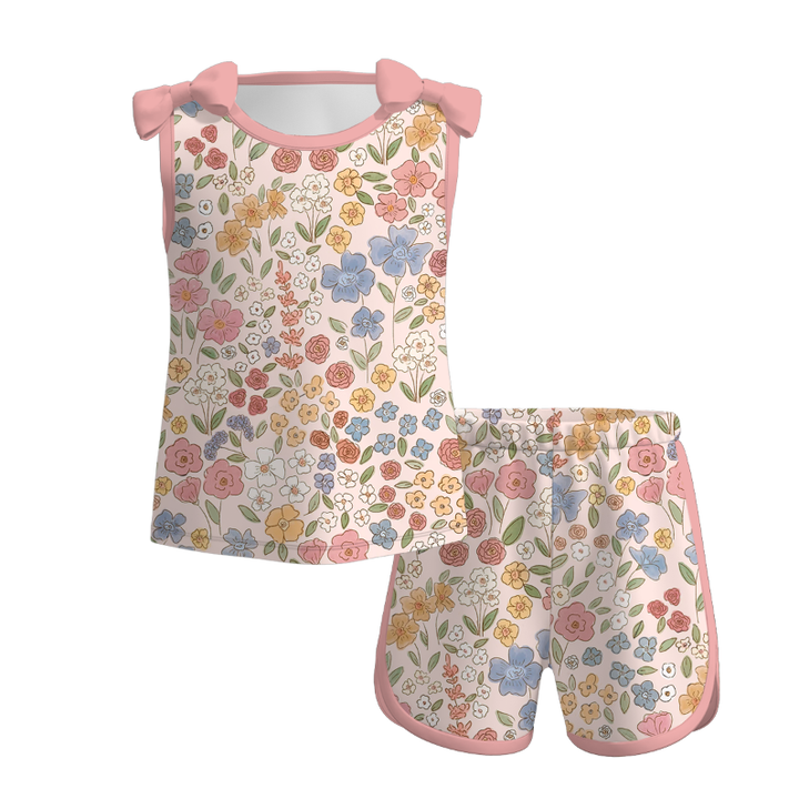 Girls bowknot tank top&short 2pcs set