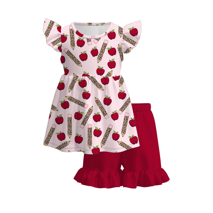 Back to school pink pencil top&ruffle short set