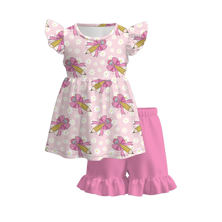 Back to school pink pencil top&ruffle short set