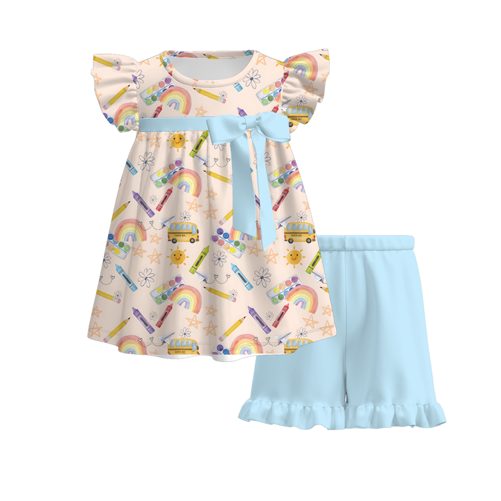 Back to school bowknot top&ruffle short set